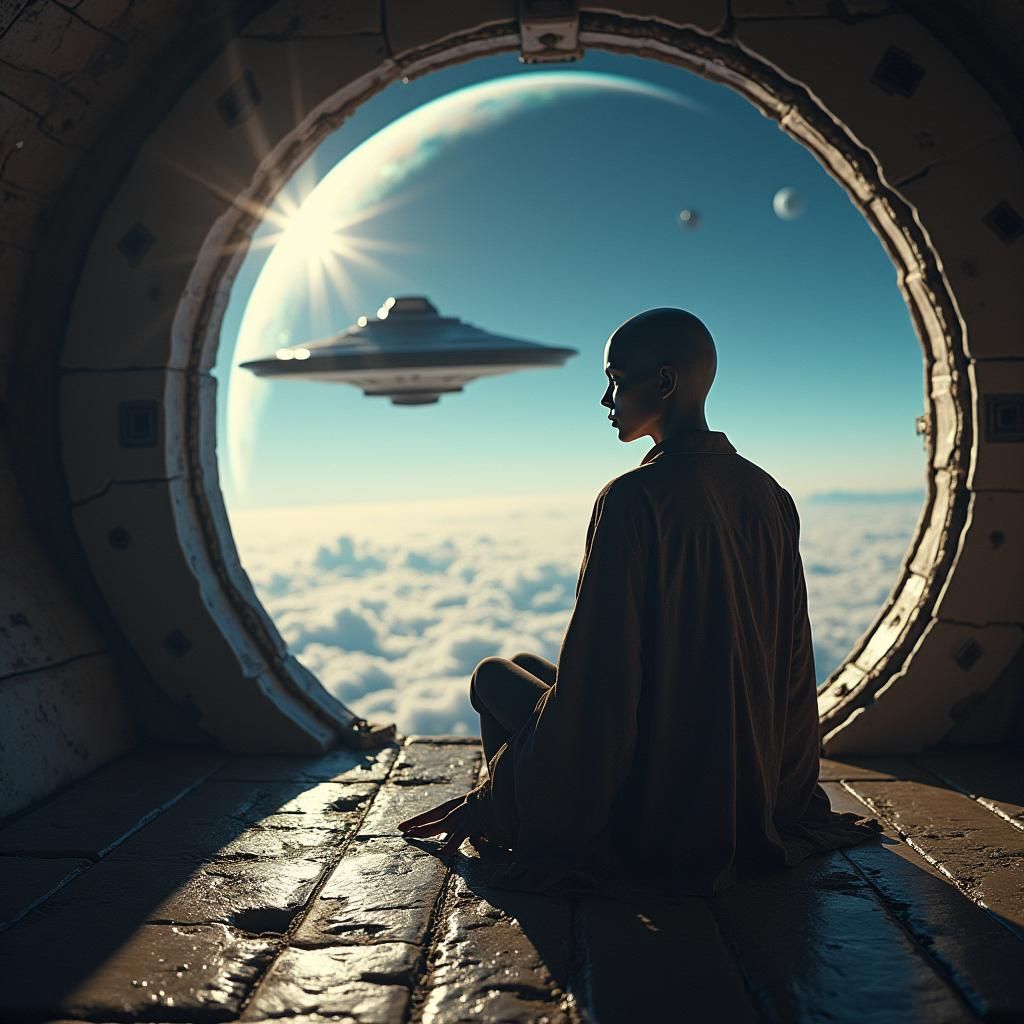 Waiting on the world to change 

Aliens on the deck of a UFO watching the earth from outer space 