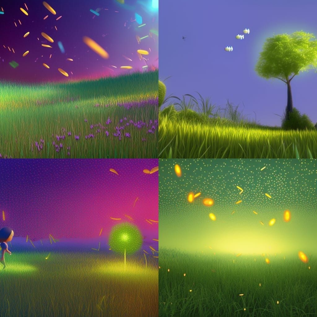 Fireflies fly over the grass