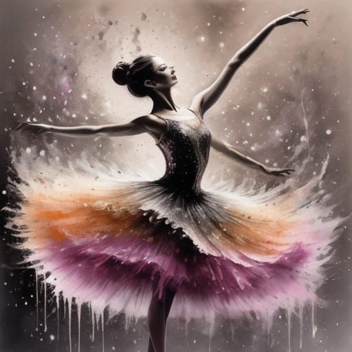 <lora:PR V8 Ballet:1.0> A graceful ballerina twirls in a moonlit , her dress made of translucent petals that swirl . Tiny glowing fairy flie...