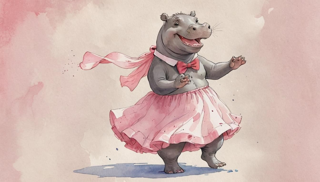dancing hippopotamus in pink skirt