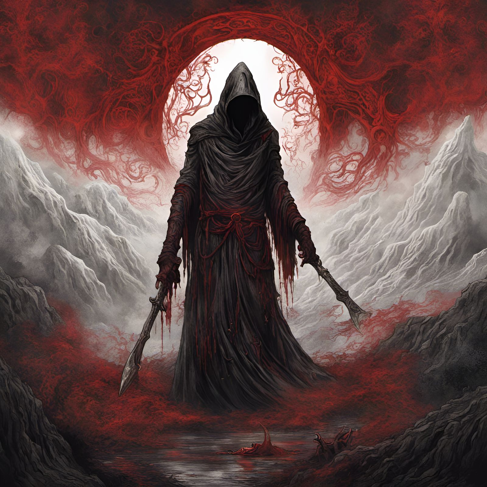 Mystic red fog creepy grim reaper,celtic patterns necronomic...