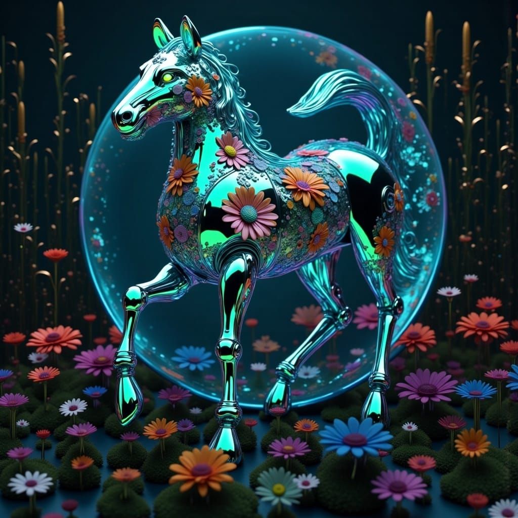 Robot (centaur:1.7) <lora:Flower Chrome Robots:1.0> oil slick on flower chrome covered in robot flowers Hyperdetailed, vivid colors, maximal...