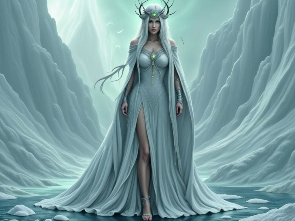 Ethereal Winter Goddess with Crystal Crown in Frozen Realm