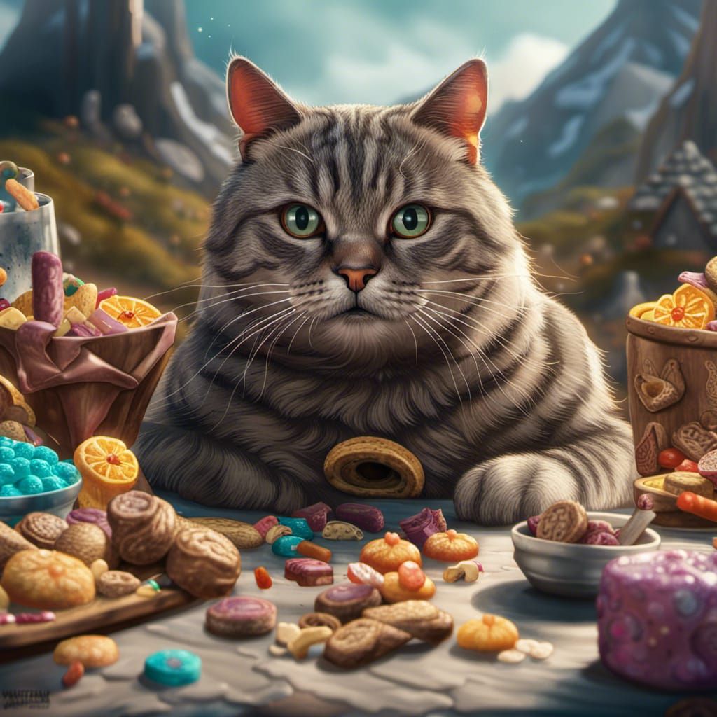 fat grey cross-eyed tabby cat eating a mountain of treats