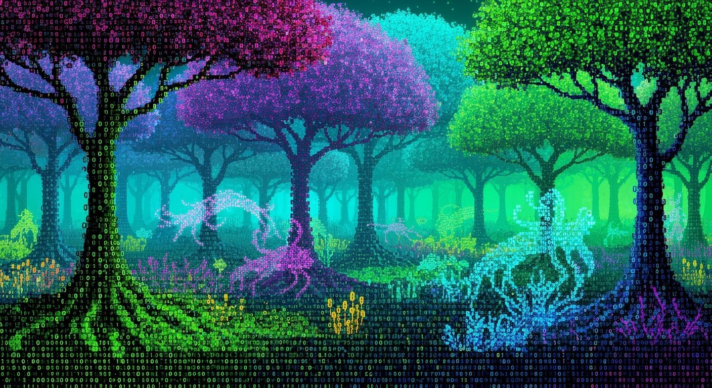 colored ascii art world made of just 0 and 1.  A forest scene of an alien planet.  Everything is made ...  by @GMartini42