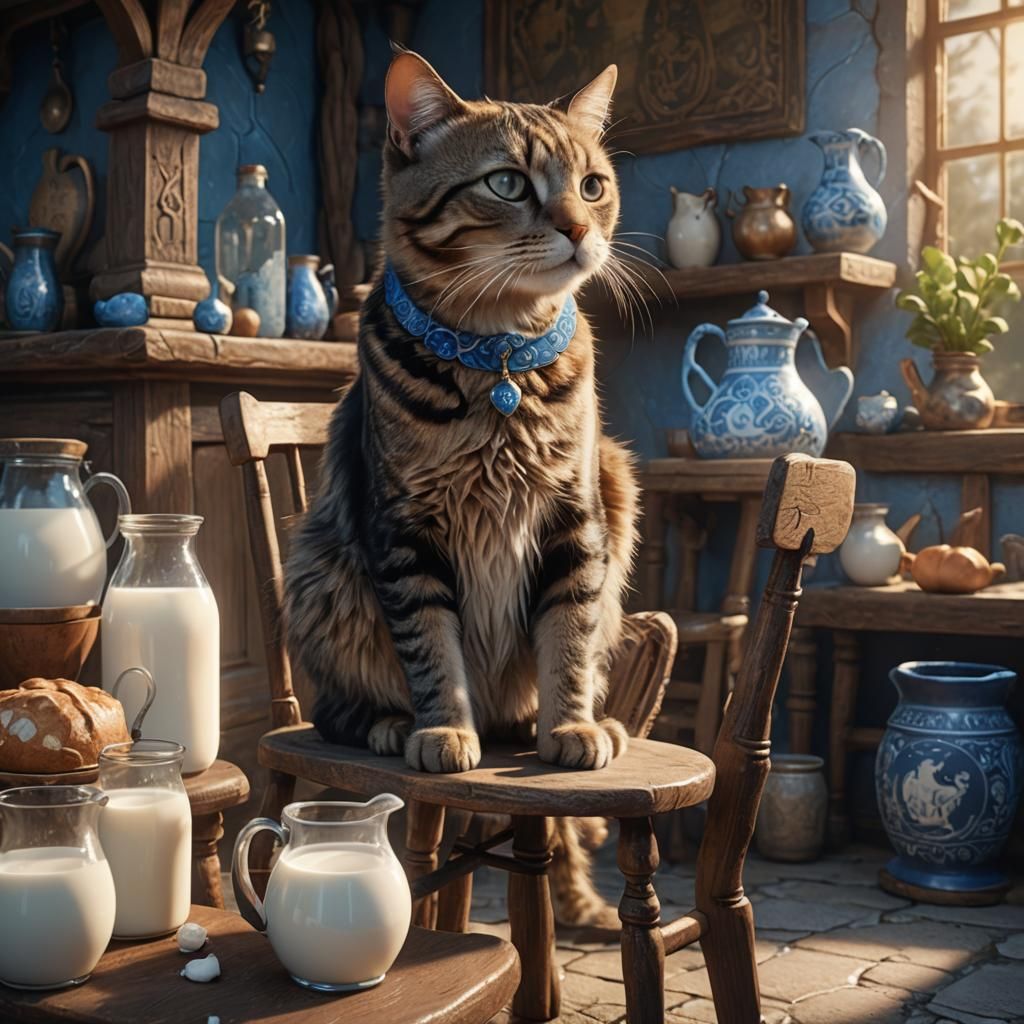 Cat Guarding Milk in Whimsical Fantasy Setting