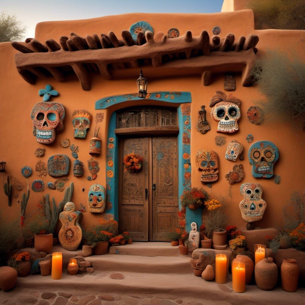 a hypothetical SantaFe Stucco style, Day of the Dead Celebration at golden hour by candle light. <lora:SantaFe Stucco:1.0> 
