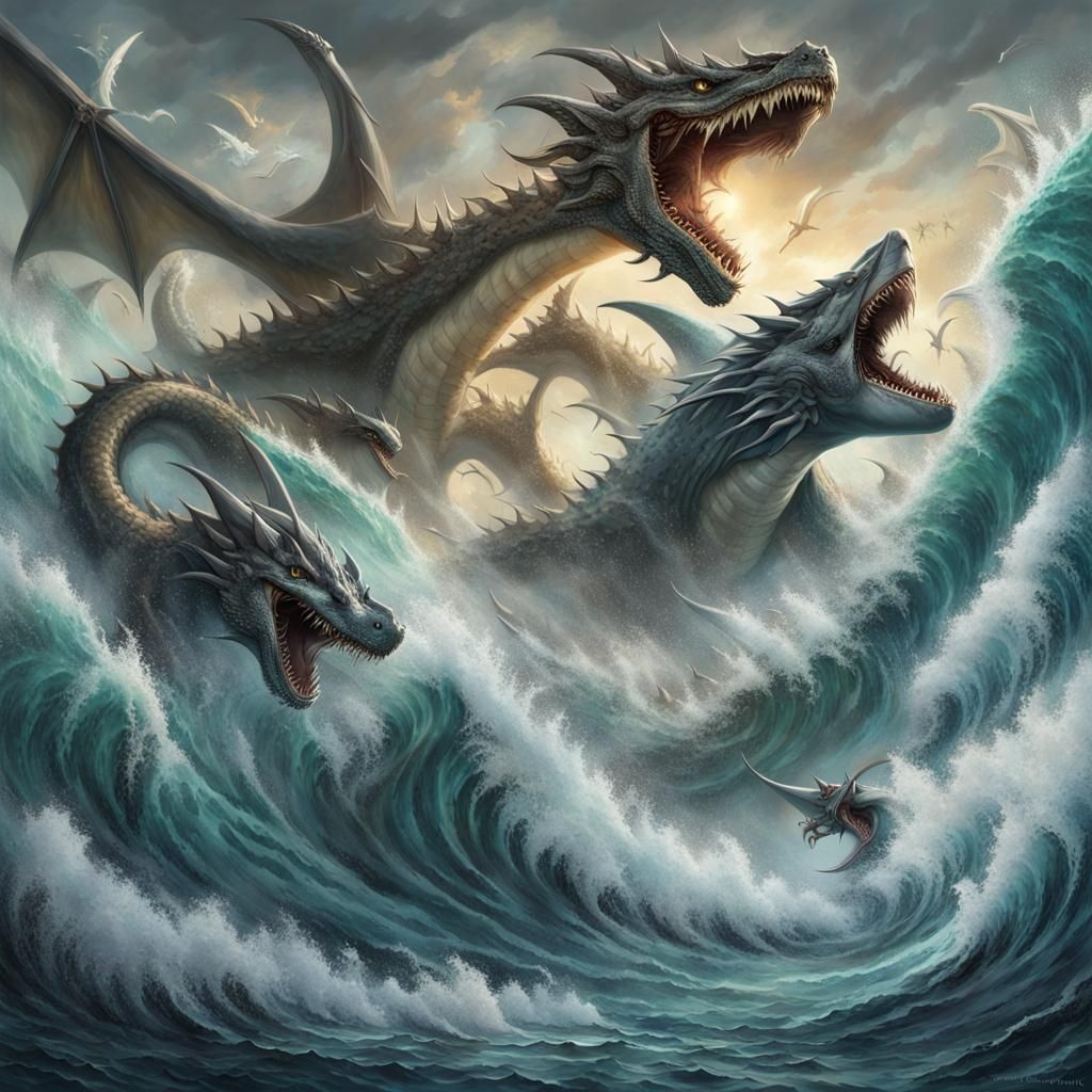 "Illustrate a scene of epic proportions featuring two mighty...