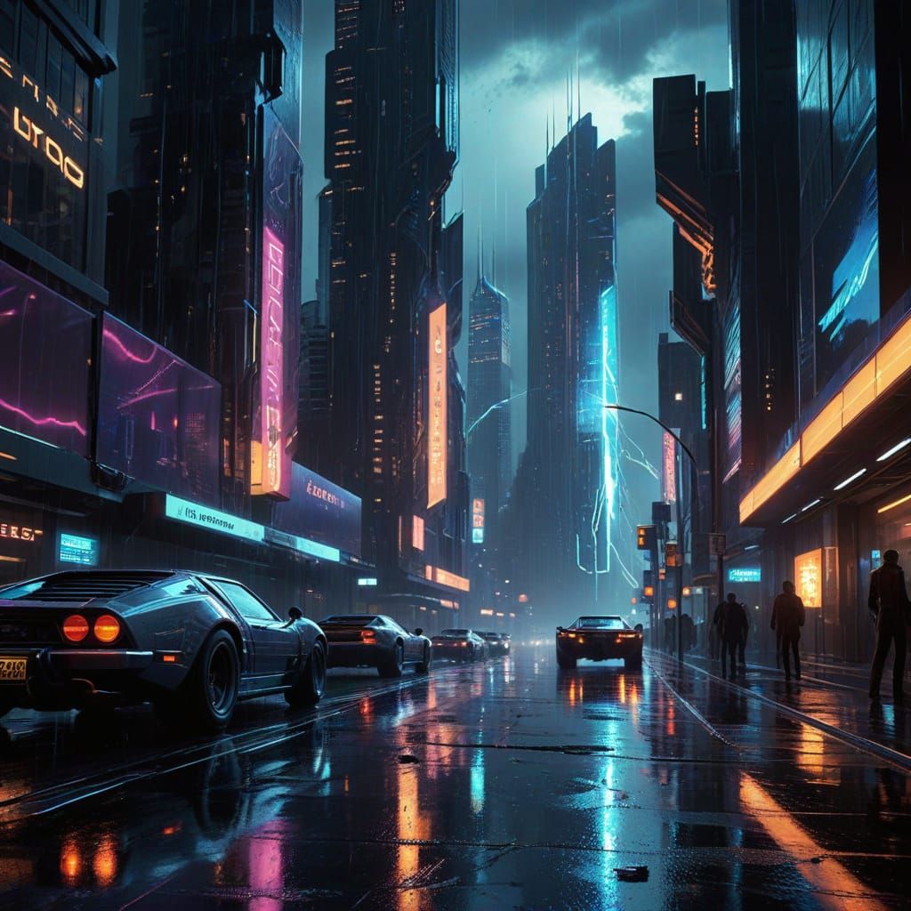 Rainy Cityscape in Neon-Noir Futurism Style