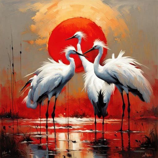 "group of white japanese cranes in front of red sun!!!",  by @iris_wang