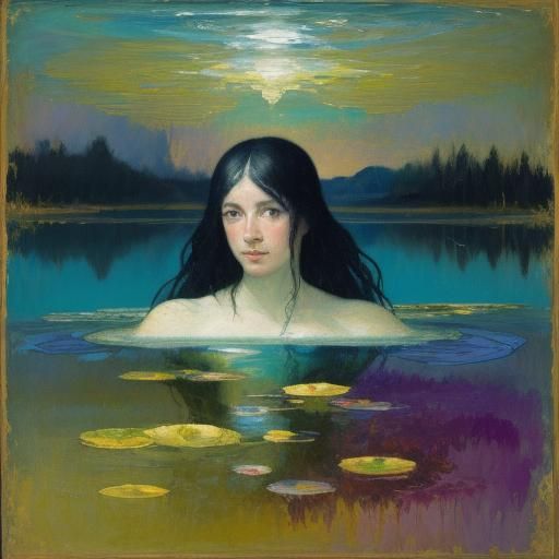 Bathing Woman: Neo-Impressionist Lake at Night