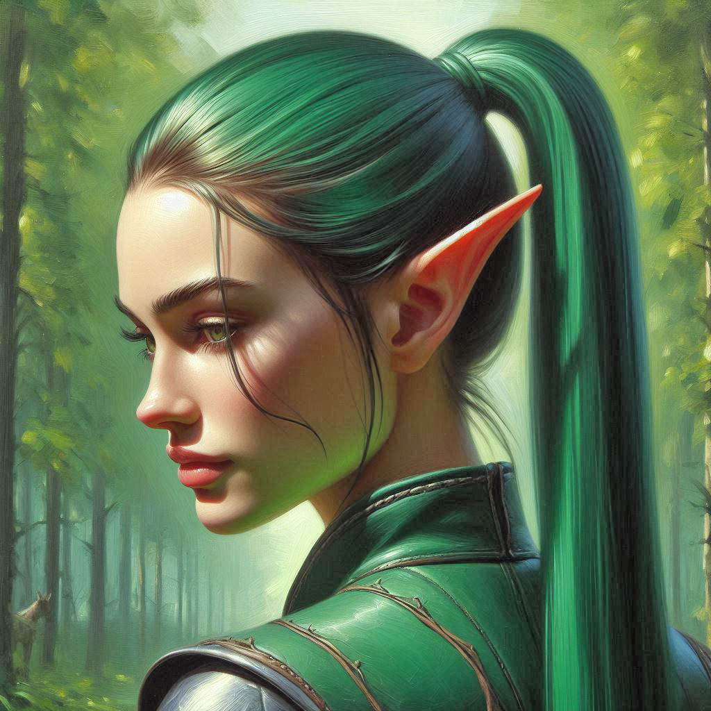 Green Elf up close, ponytail