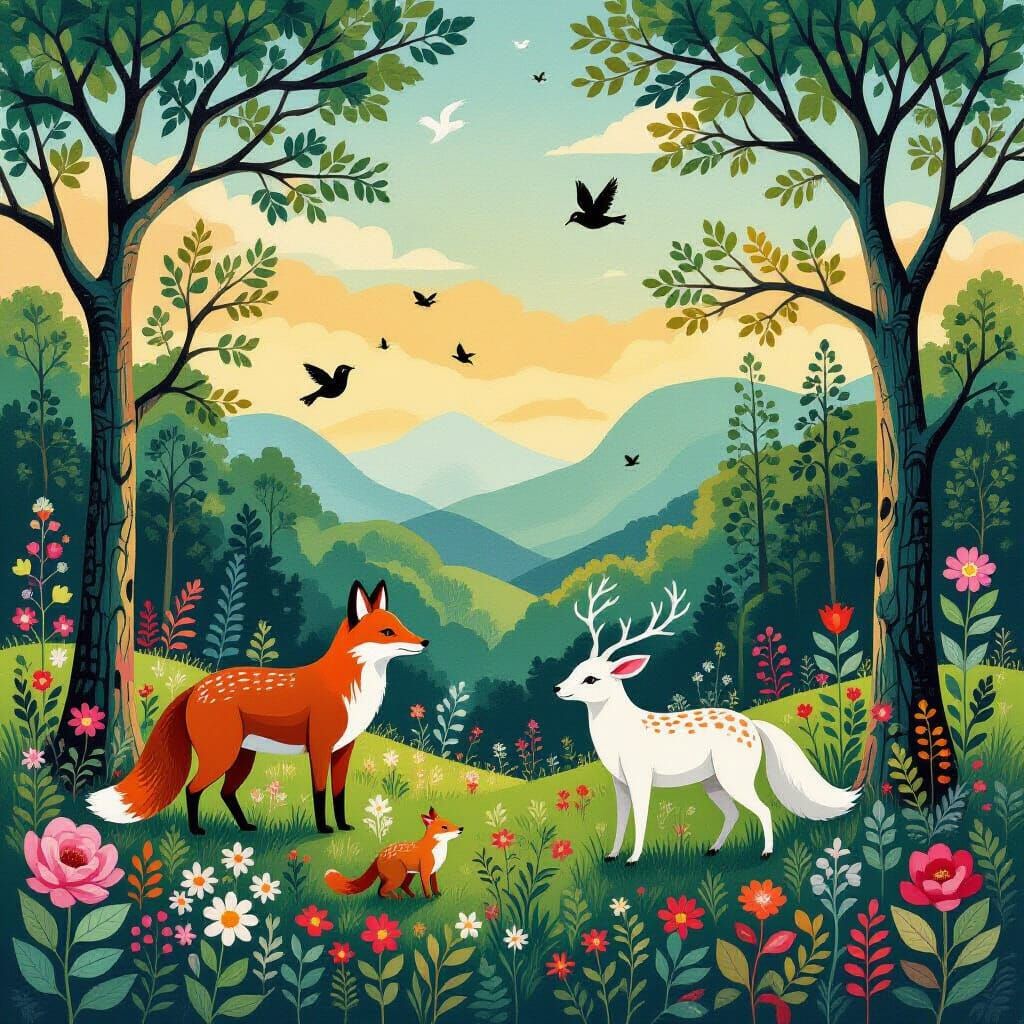 Dreamlike Wild Animal Landscape in Naive Style