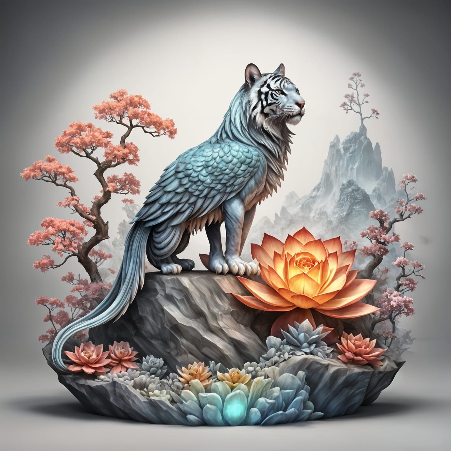 Japanese Ink Wash Masterpiece with Majestic Creatures and Ge...