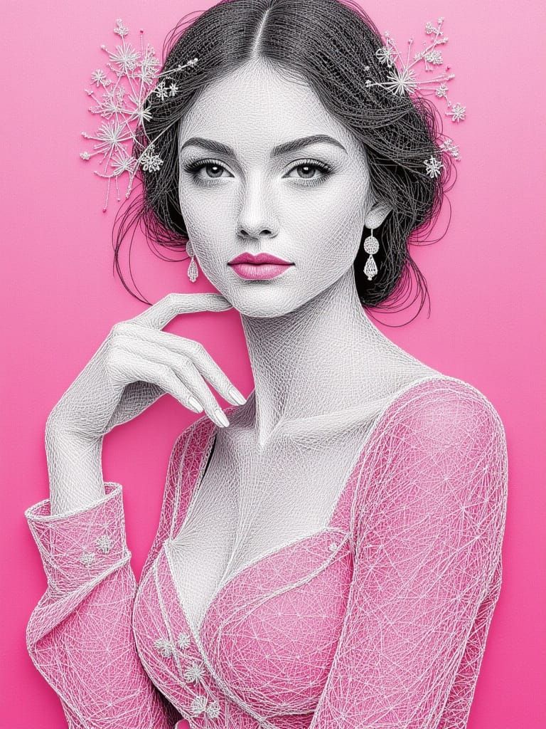 <lora:Fine line string:1.0> A beautiful woman's face, fine line string art, her features delicately rendered with intricate grey lines on a...