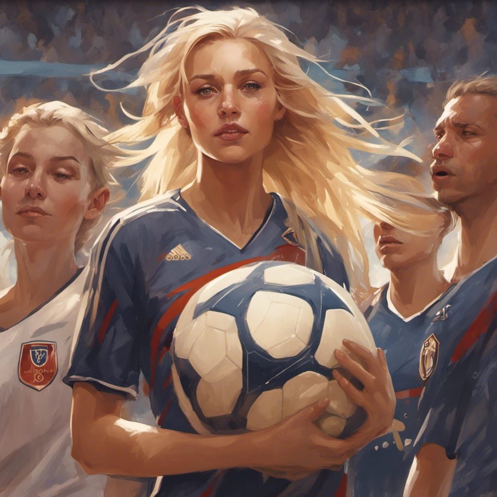 blonde girl, playing soccer with a team of 8
scoring a goal head and shoulders portrait, 8k resolution concept art portr...