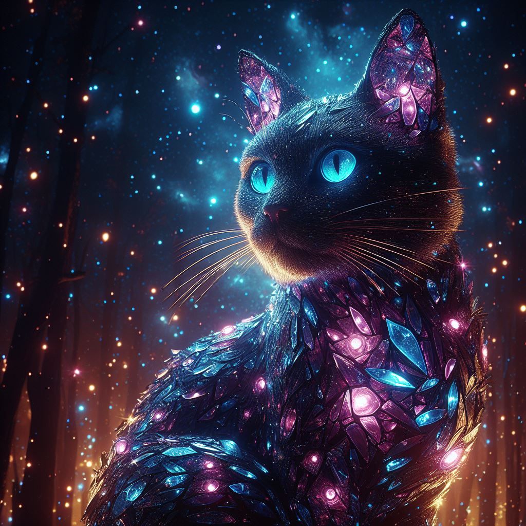 a glowing cat made with glass shards