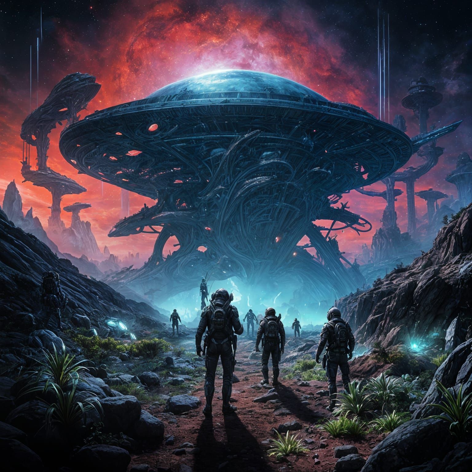 alien planet filled with glowing plants and unknown A futuristic space academy where recruits prepare ...  by @philipperivrain