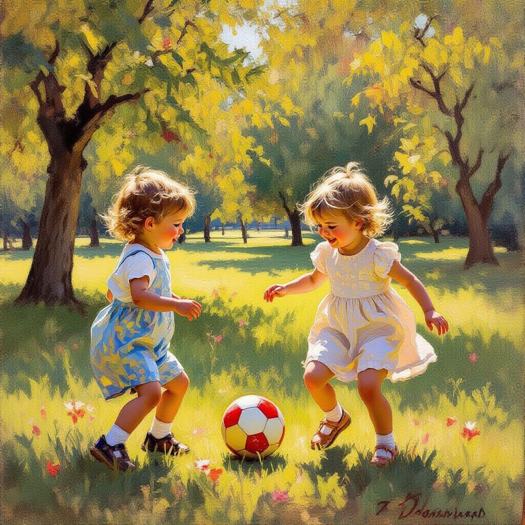 Joyful Children Playing Ball in Sunlit Park