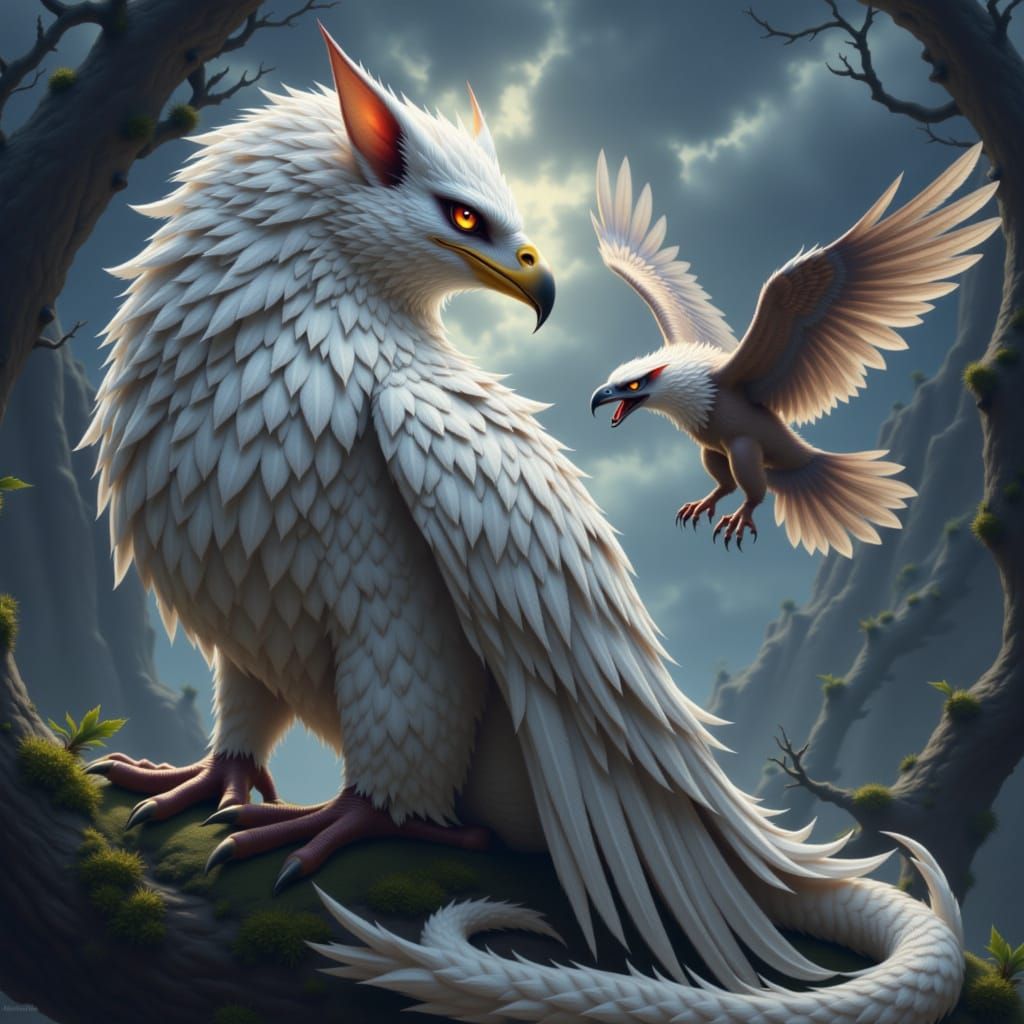 Split image. A fantasy creature shown in both peaceful and fierce forms. On one side, a majestic griffin with soft feathers and gentle eyes,...