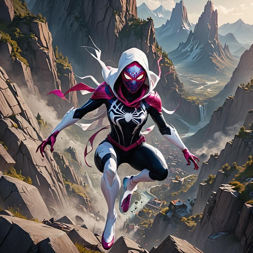 Spider Gwen, hood up, mask on, as a colossal giant woman, to...