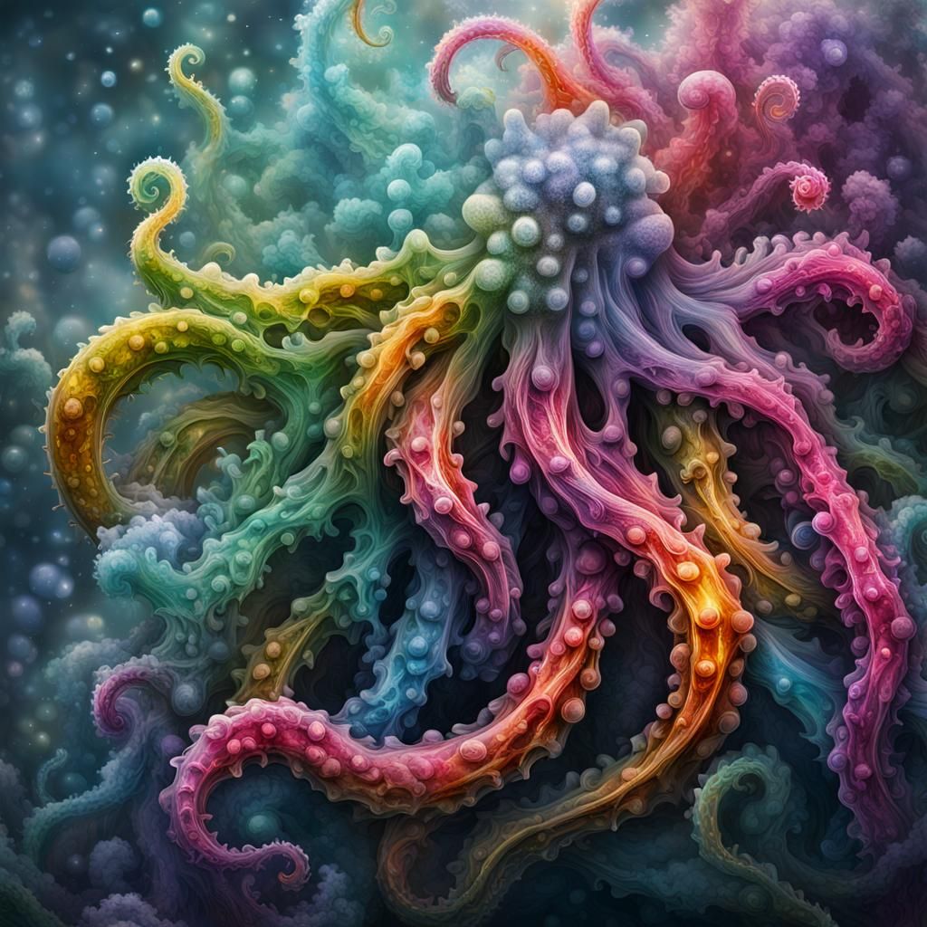 Crystalized fog, colourful, highly detailed tentacles intric...