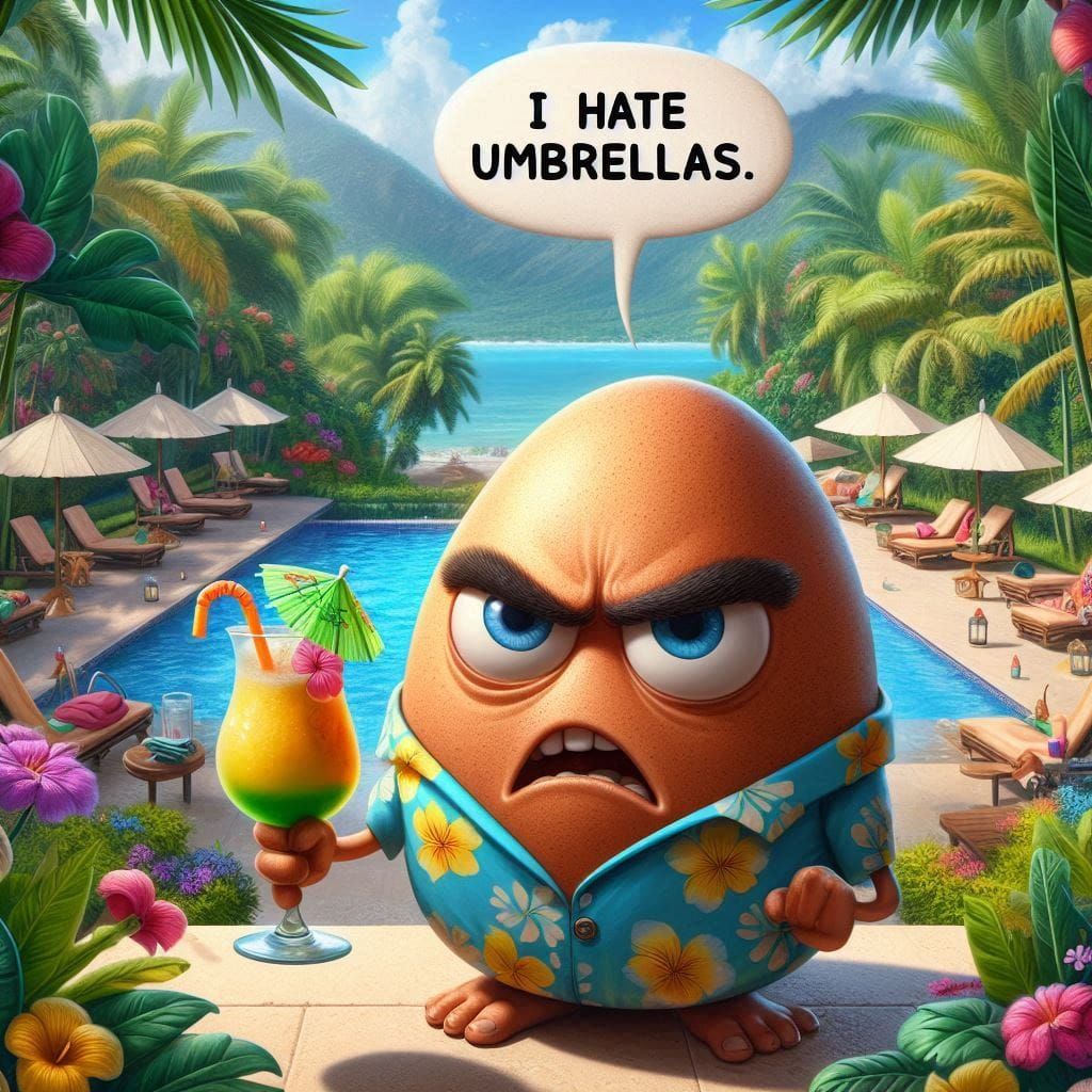 Angry Egg visits a tropical island ("I hate umbrellas")
