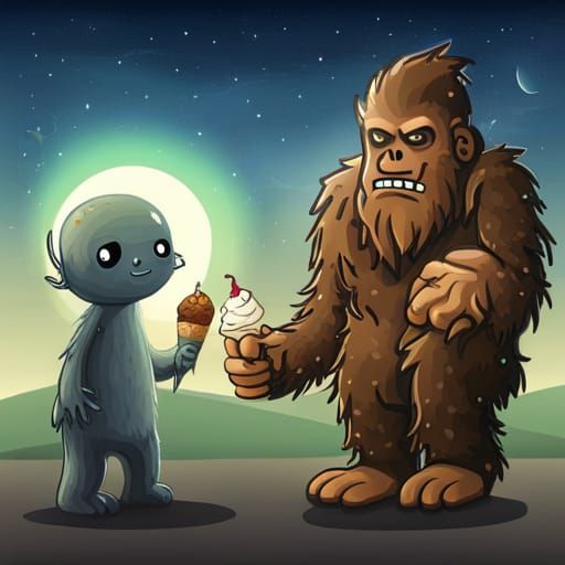 Sasquatch eatting and ice cream cone hanging out with an alien AI