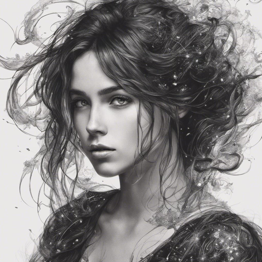 black and white ink portrait of perfect beautiful girl with beautiful ...