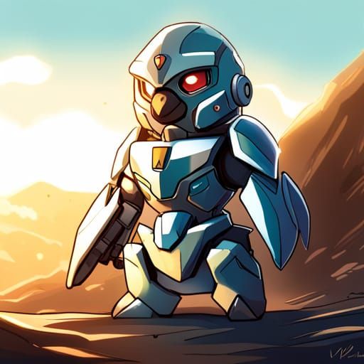 baby penguin wearing gundam style armor, by artist 