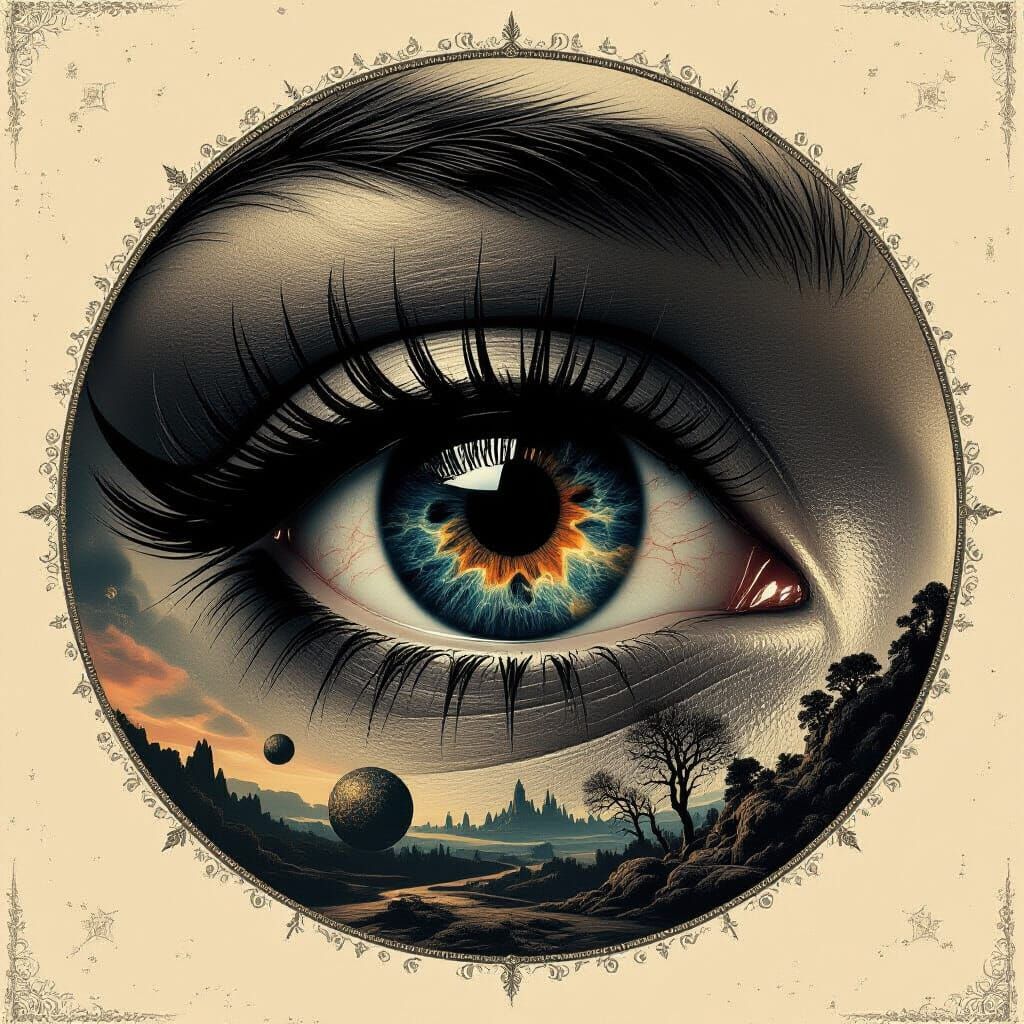 A single, hyperrealistic eye, reflecting a swirling nebula of cosmic horror, with tendrils of darkness reaching out from the pupil. The back...