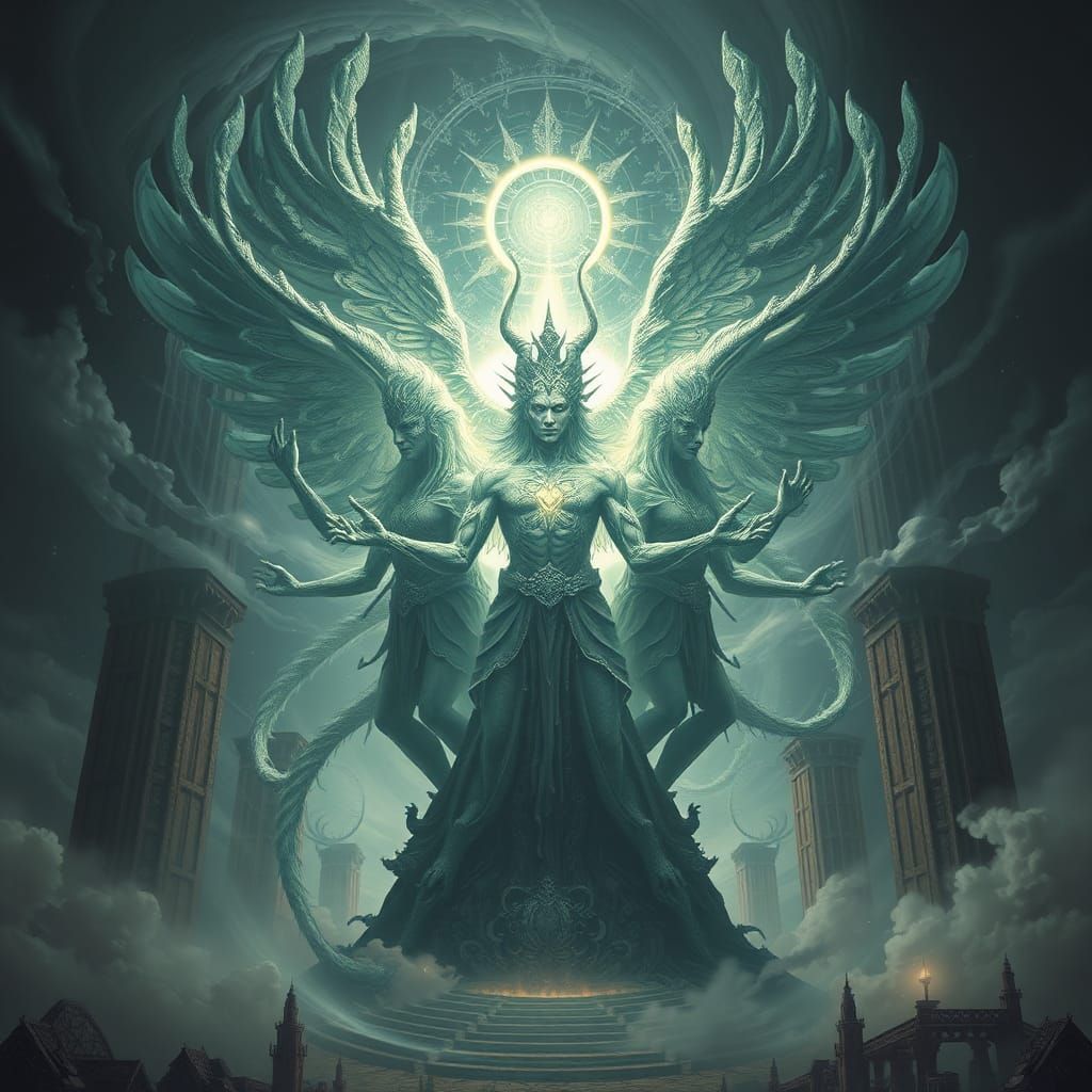 Biomechanical Fusion of Six Gods in Mystical Setting