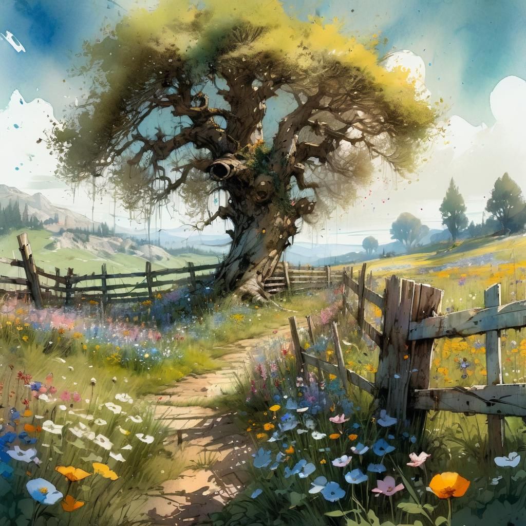 Spring meadow covered in wildflowers, tree in the backdrop, aged fencing. Romantic atmosphere, magic ...  by @Paddy OBrien