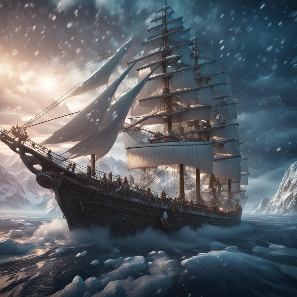Ship Sails Through Snowy Storm: Detailed Matte Painting