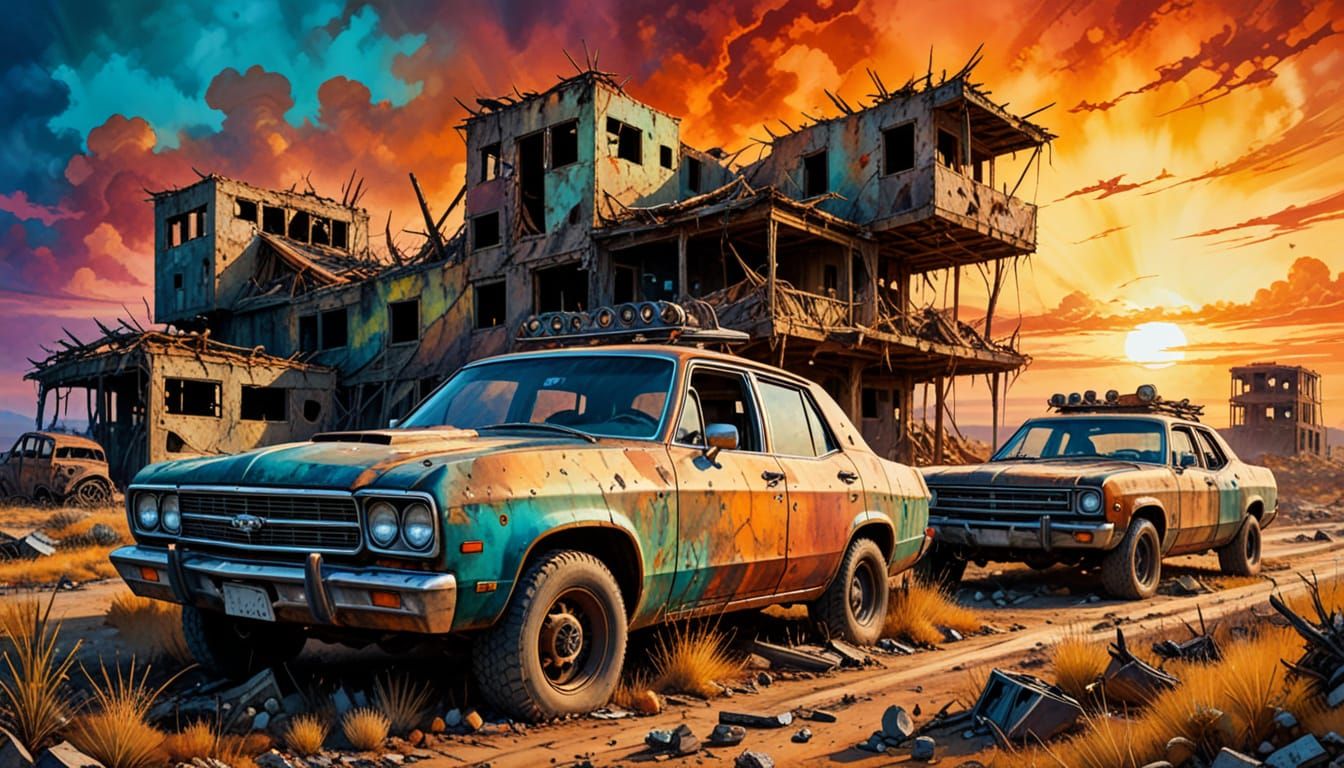 A colorful wasteland post-apocalyptic scene
