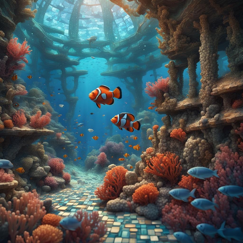 Mosaic style. Cineastic scene. Arielle meeting Nemo. Underwa...