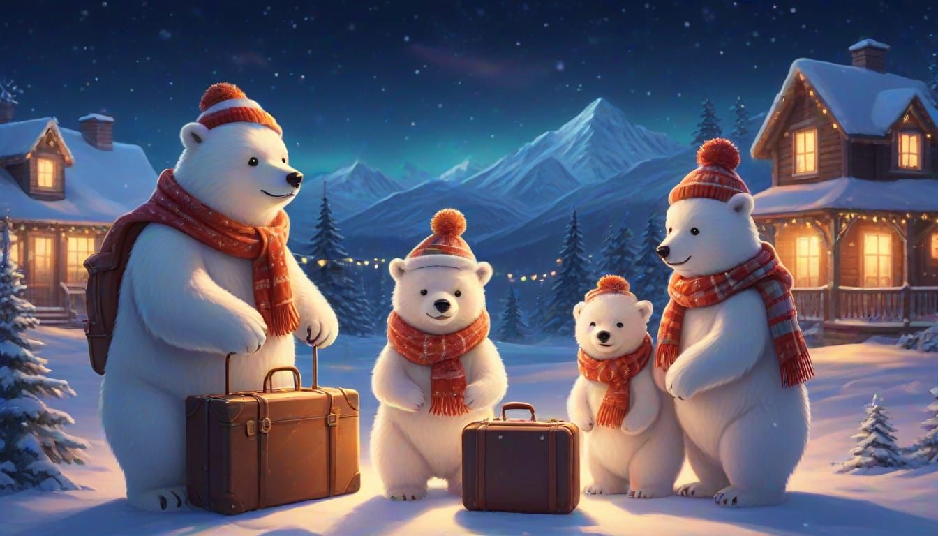 a family of polar bears , packing for christmas holidays wit...