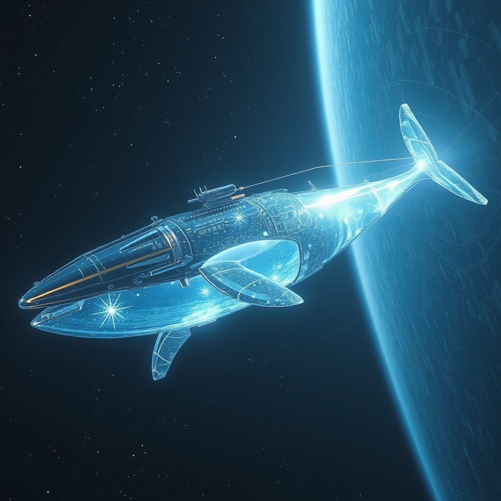 A futuristic satellite drifting through space, tethered to a giant whale made of starlight and water.