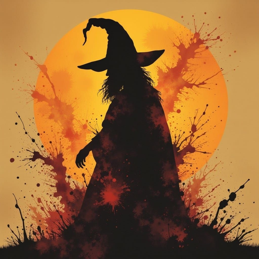 a Wizard Silhouette back lit magical feeling sunset, inspired by Colored-Ink Blotch style art. <lora:Blotched Flux:1.0>