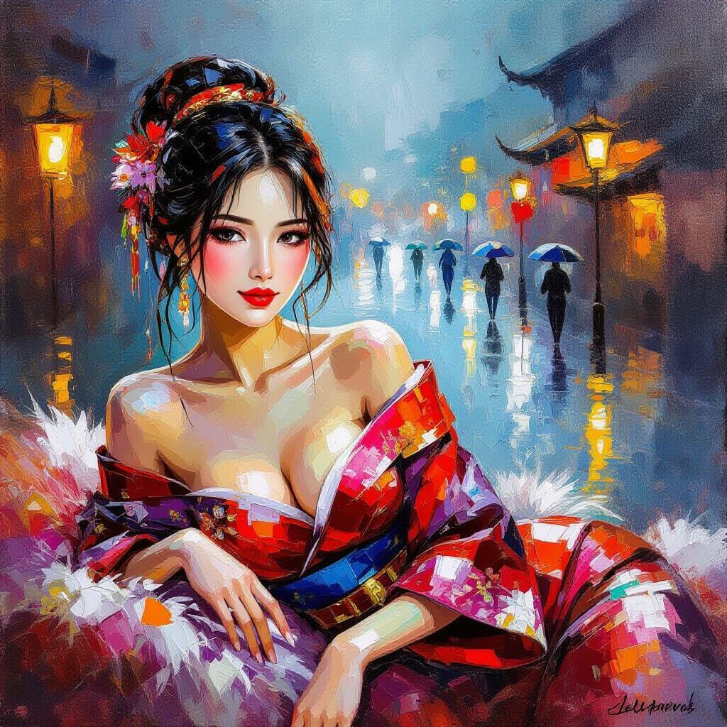 A vibrant palette knife painting in Leonid Afremov's style of a romantic East asian woman wears Traditional clothing, her Skin is with refle...