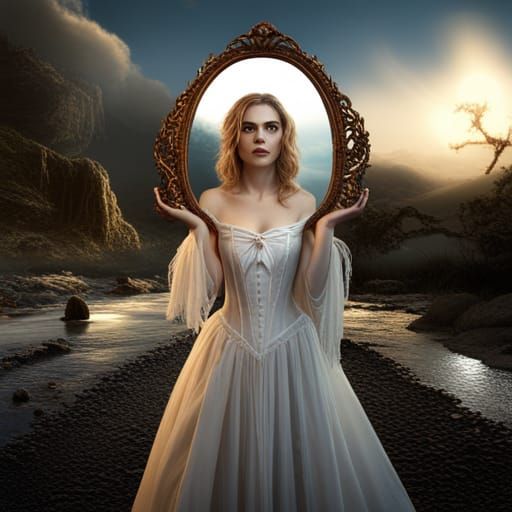 Woman with Mirror Reflecting Ghost, Detailed Matte Painting