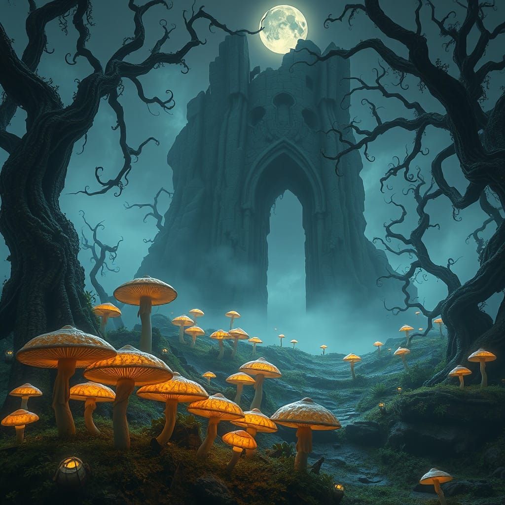 Ethereal Misty Landscape with Ancient Ruins