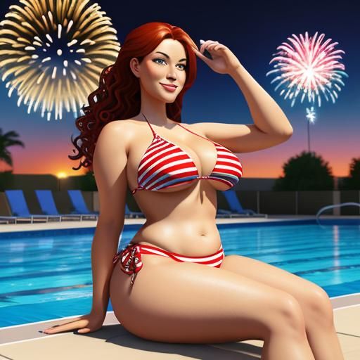 Curvy Woman in a American flag bikini sunset in the backyard...