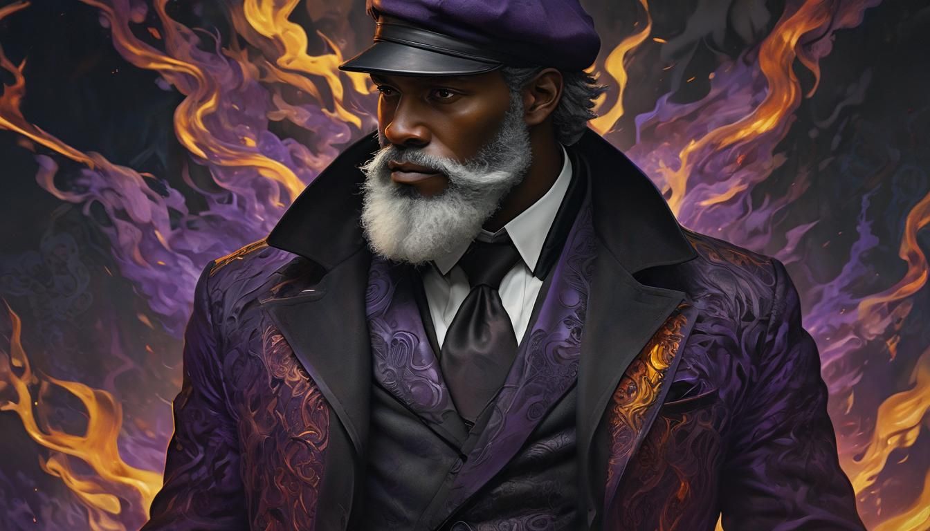 Realistic animated black male suit, overcoat and beret, white beard, dark colors, and scales covered ...  by @Ramiraux