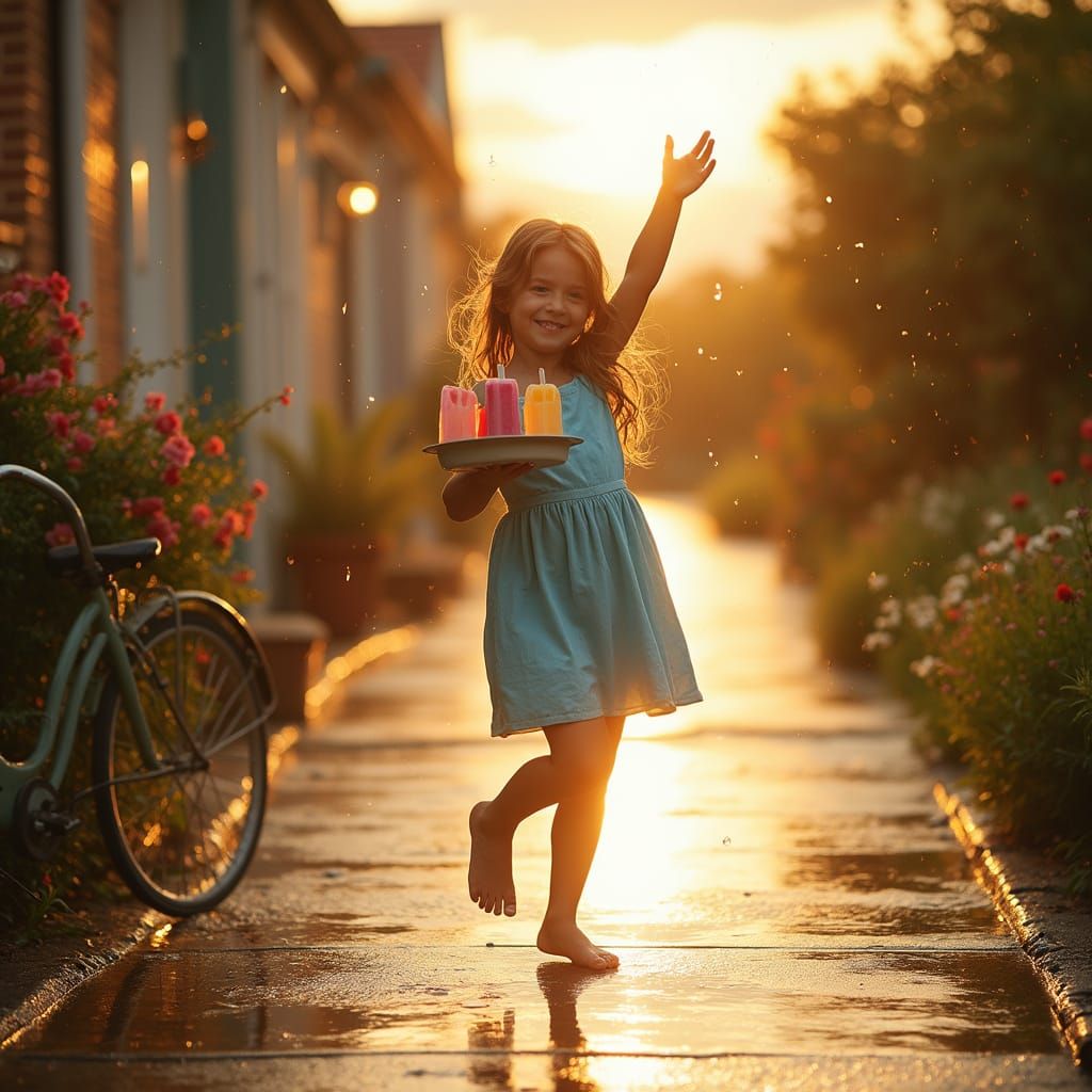 Girl Dancing in Summer Rain with Popsicles
