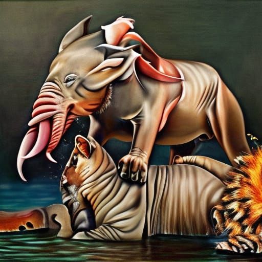 A dolphin and lion raising a baby elephant