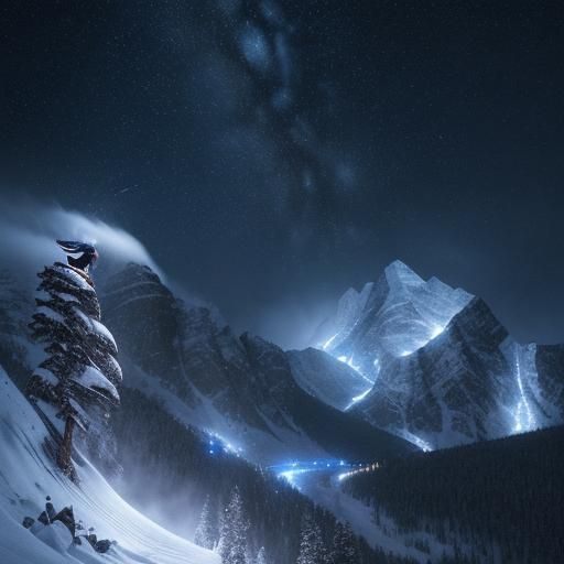 Snowboarder's Descent: Snowy Blizzard Under Starry Night