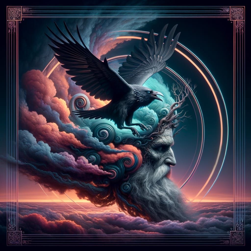 Odins raven hugin merges around the head of a mystic old man
