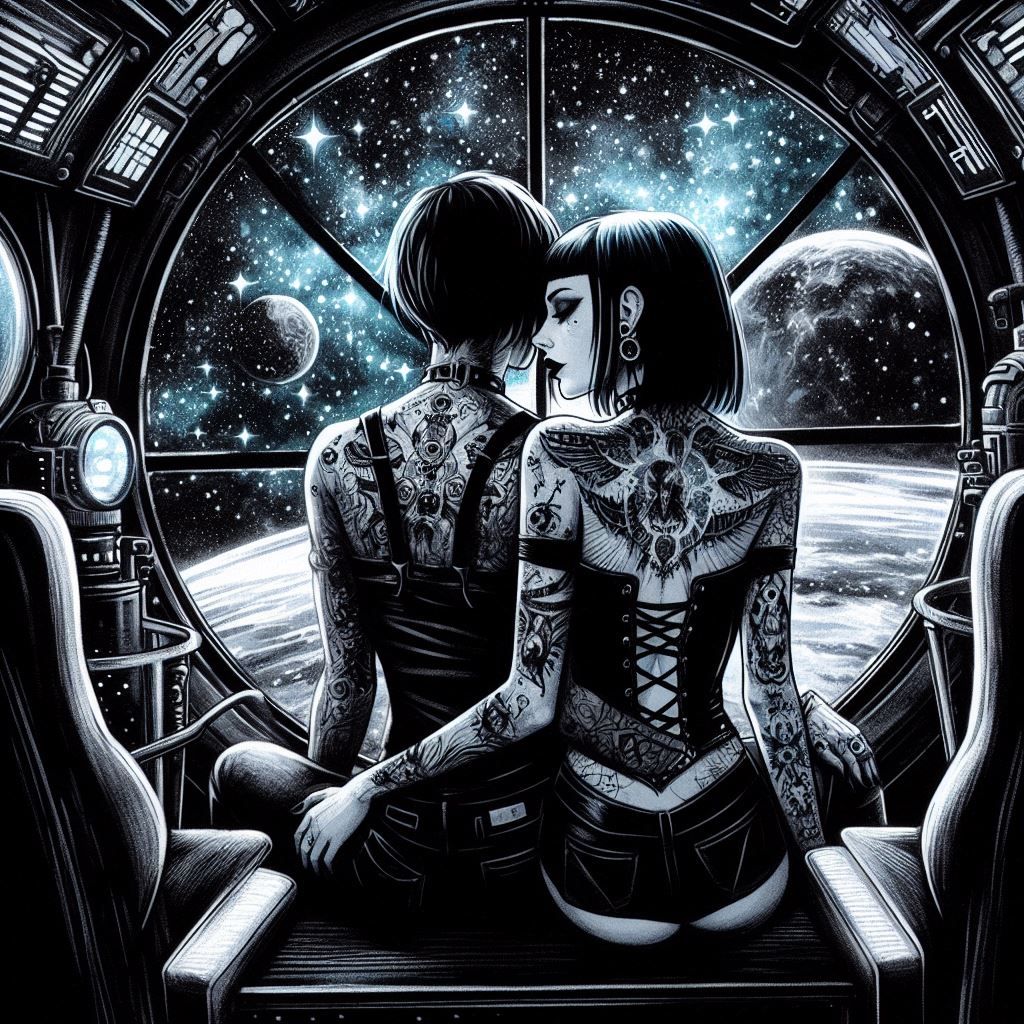 Gothic lesbian couple in the space