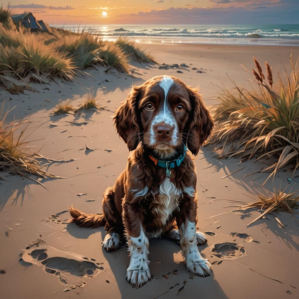 brown Springer Spaniel puppy sitting on a beach
  by @Marazul